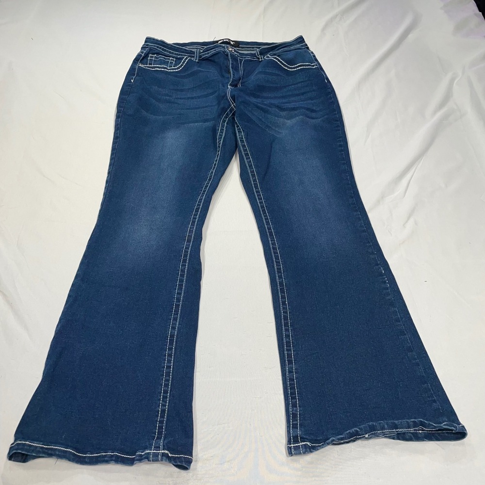 Sky Women Dark Wash‎ Flare Leg Jeans White Contrast Stitch Cross Back Pockets